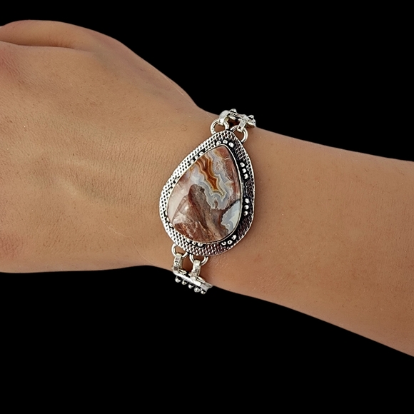 Agate gemstone bracelet silver chunky statement artisan crazy lace agate J30 - Picture 15 of 15